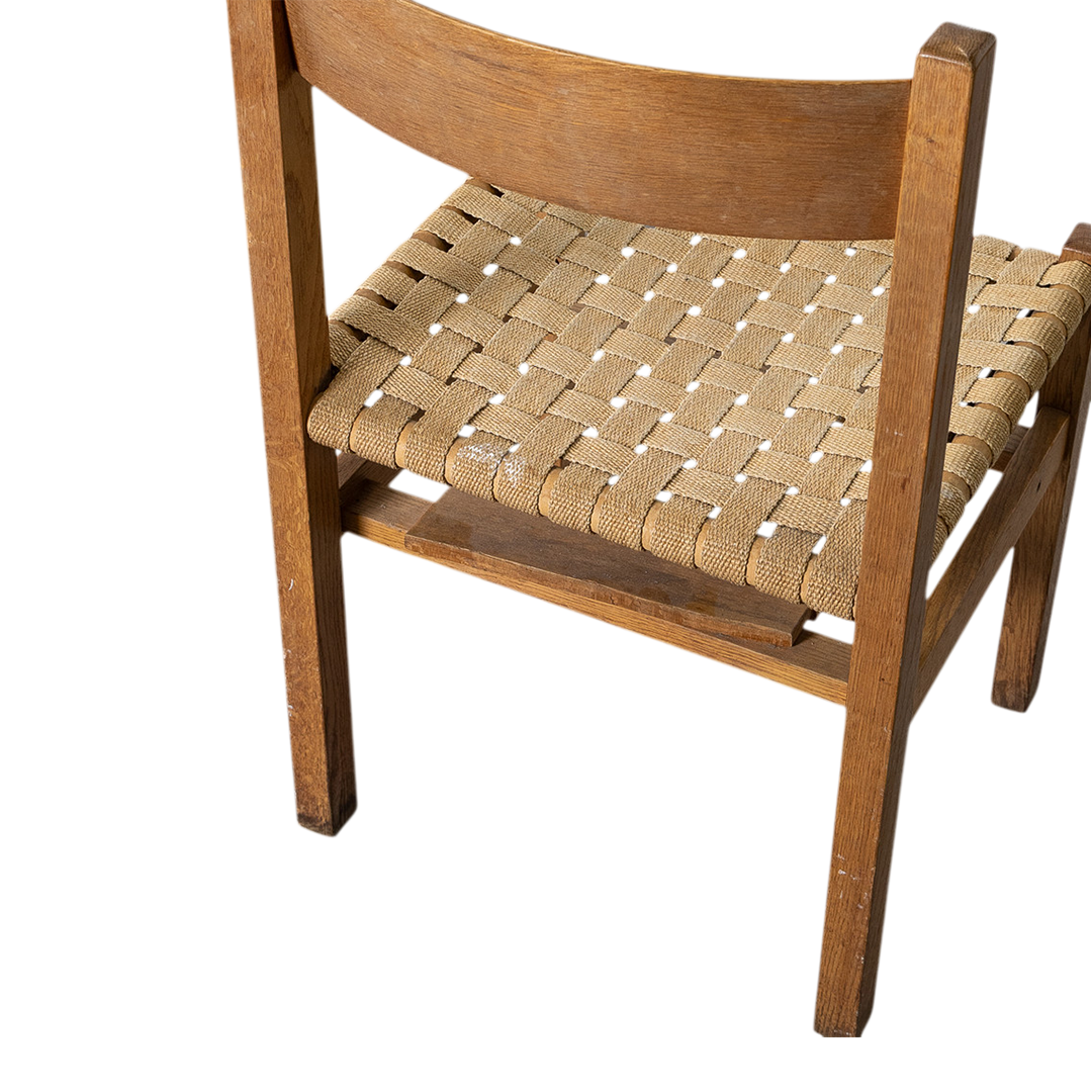 1950s Andrées Fabriks : eight oakwood & woven linen dining chairs, Sweden