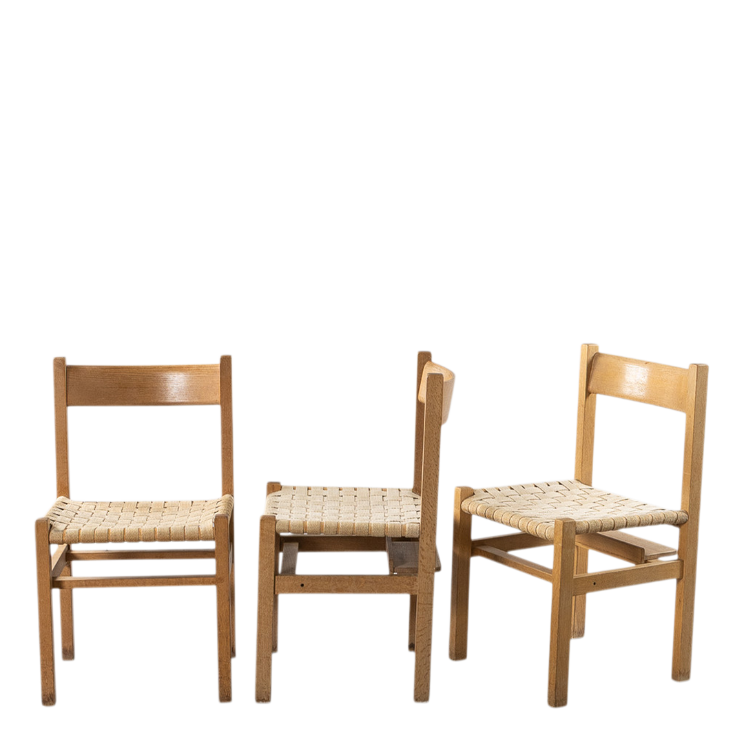1950s Andrées Fabriks : eight oakwood & woven linen dining chairs, Sweden