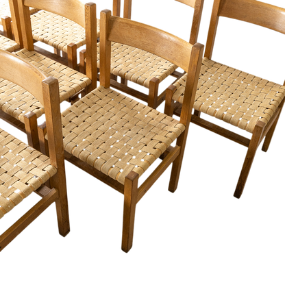 1950s Andrées Fabriks : oakwood & woven linen dining chairs, Sweden, quantity available