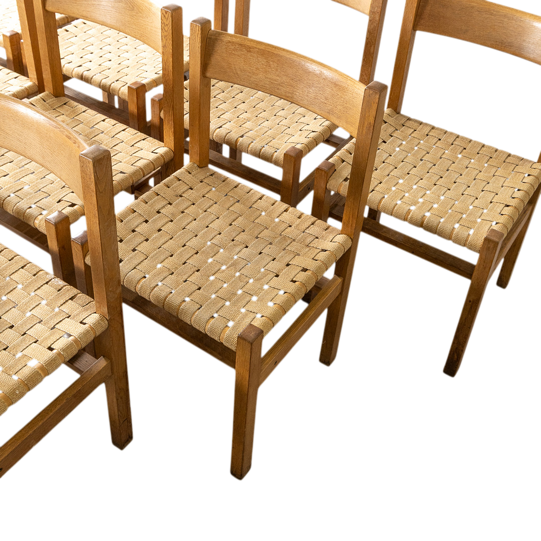 1950s Andrées Fabriks : eight oakwood & woven linen dining chairs, Sweden
