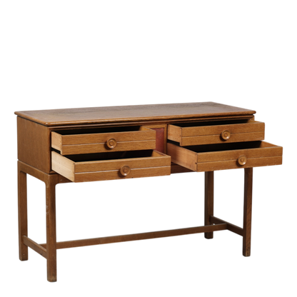 1940s Dutch : lacquered oak 41" console table, leather detail