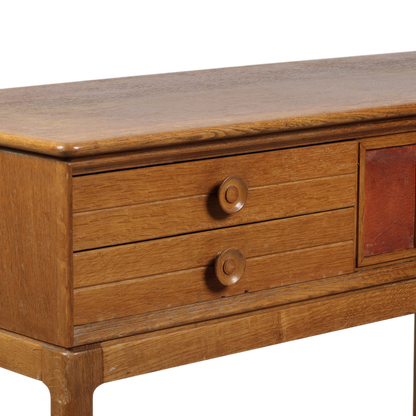 1940s Dutch : lacquered oak 41" console table, leather detail