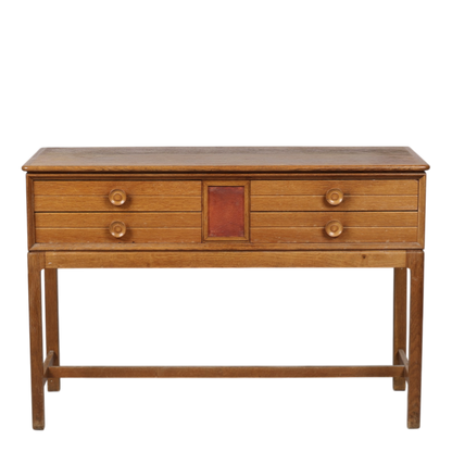 1940s Dutch : lacquered oak 41" console table, leather detail