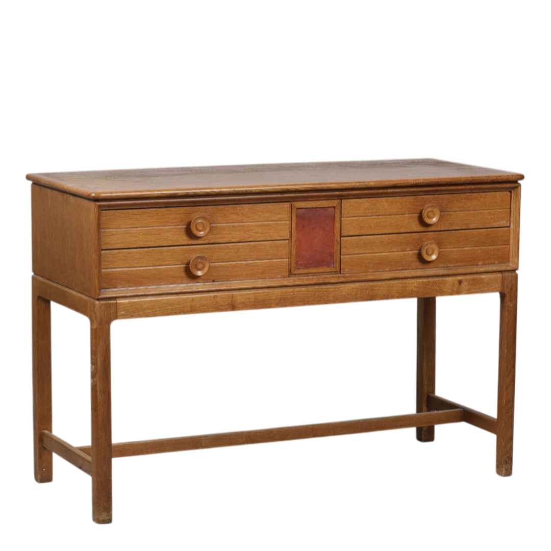 1940s Dutch : lacquered oak 41" console table, leather detail