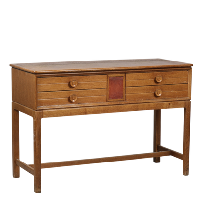 1940s Dutch : lacquered oak 41" console table, leather detail