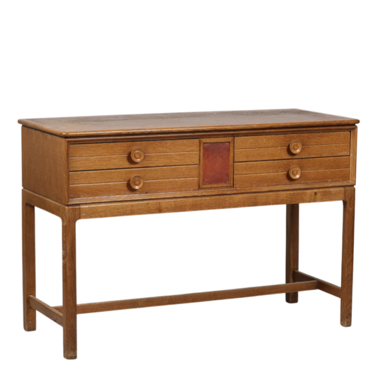 1940s Dutch : lacquered oak 41" console table, leather detail