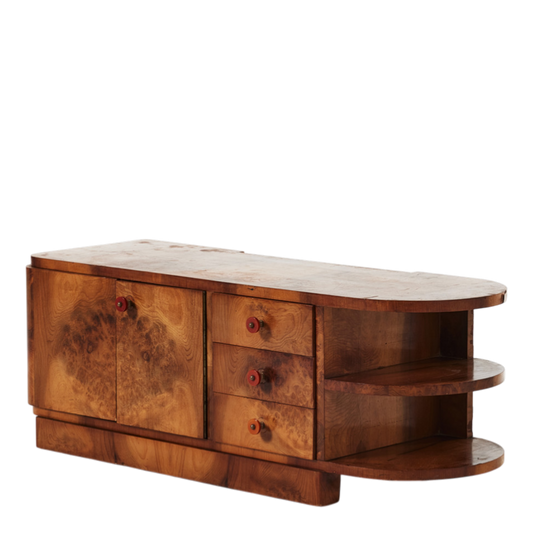 1930s Art Deco : small elm rootwood hall cabinet, bakelite handles