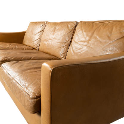 1960s Ib Kofod-Larsen : caramel brown leather 3-seat sofa for OPE