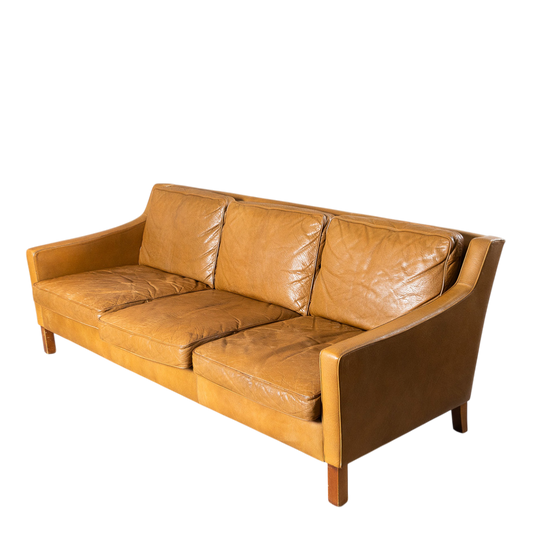 1960s Ib Kofod-Larsen : caramel brown leather 3-seat sofa for OPE