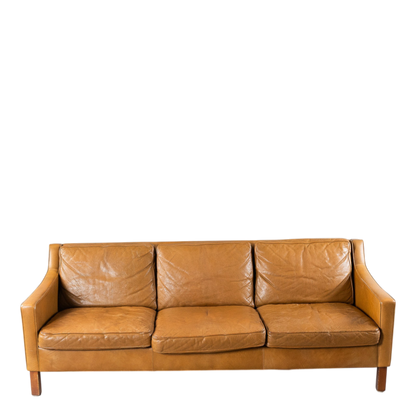 1960s Ib Kofod-Larsen : caramel brown leather 3-seat sofa for OPE