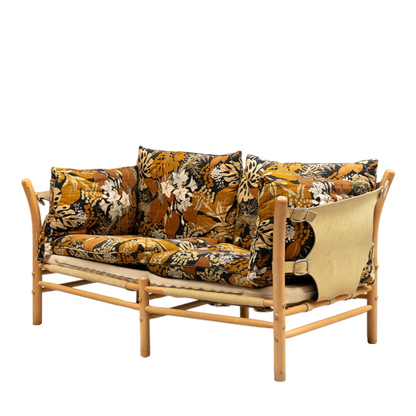 1970s Arne Norell : 2-seat "Ilona" sofa in light leather and floral upholstery