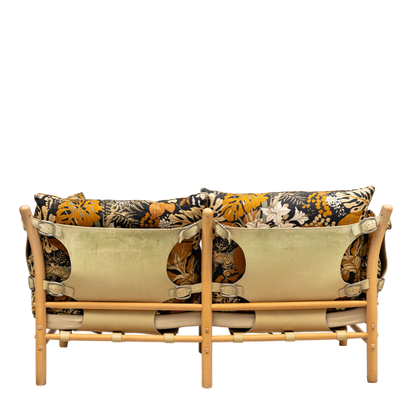 1970s Arne Norell : 2-seat "Ilona" sofa in light leather and floral upholstery