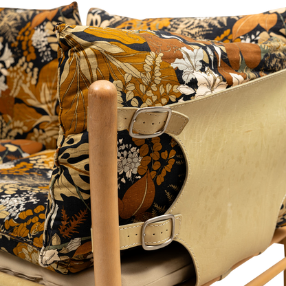 1970s Arne Norell : 2-seat "Ilona" sofa in light leather and floral upholstery