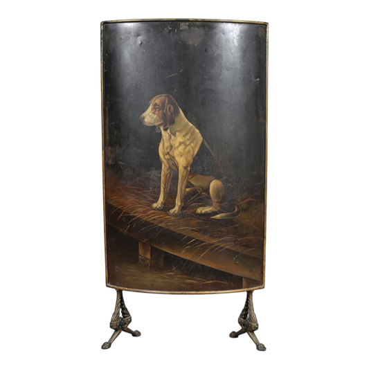 19thc English : large 41" metal fireplace screen with painted hound dog