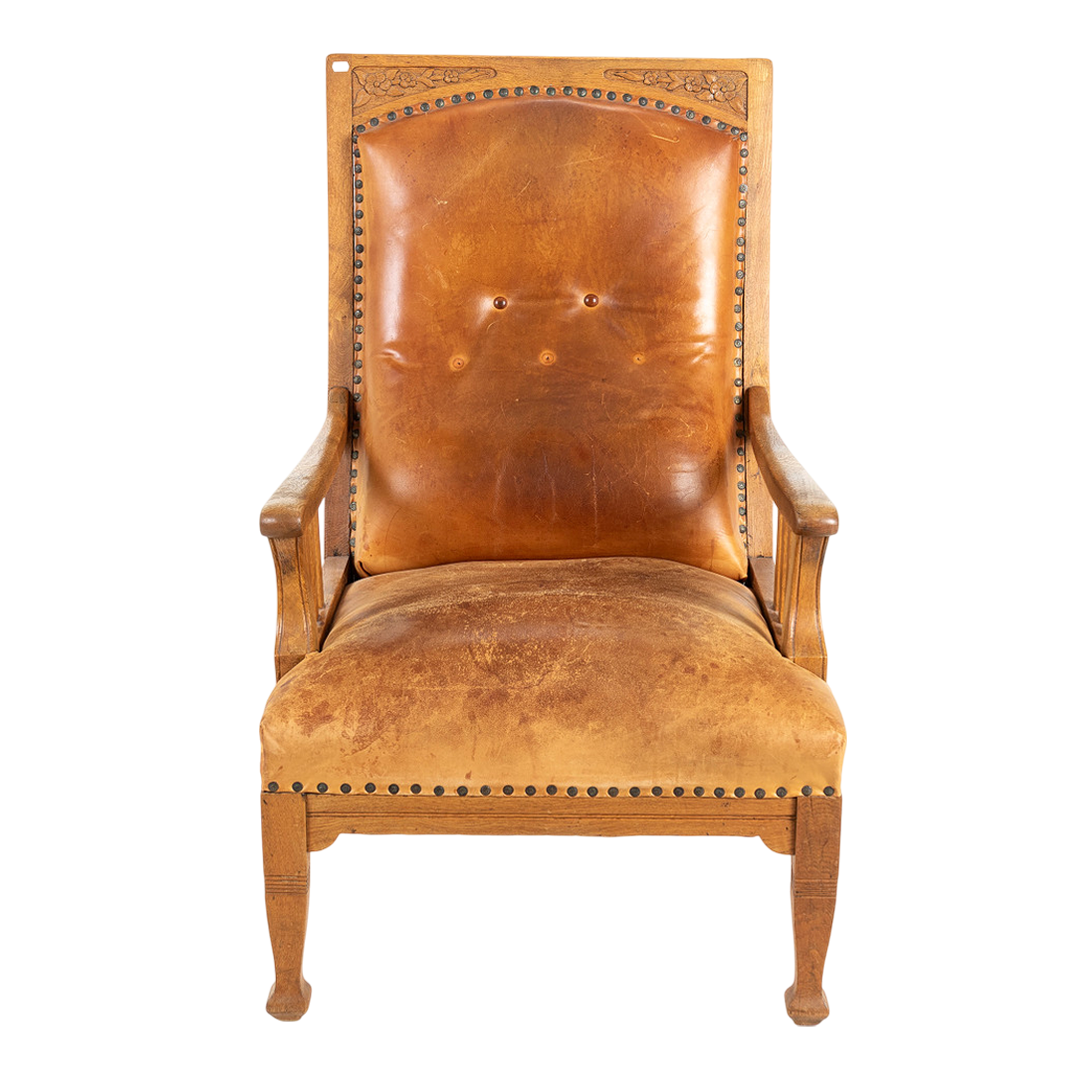 1910 Swedish : Jugendstil Art Nouveau leather & oak armchair