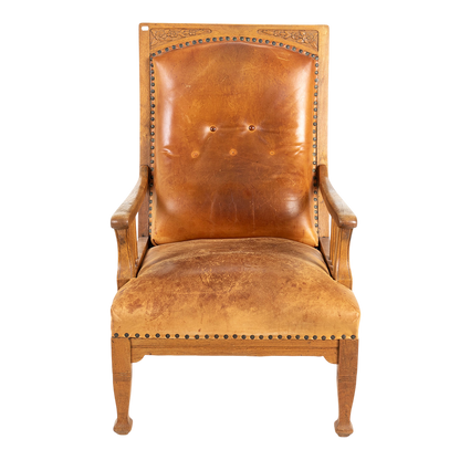 1910 Swedish : Jugendstil Art Nouveau leather & oak armchair
