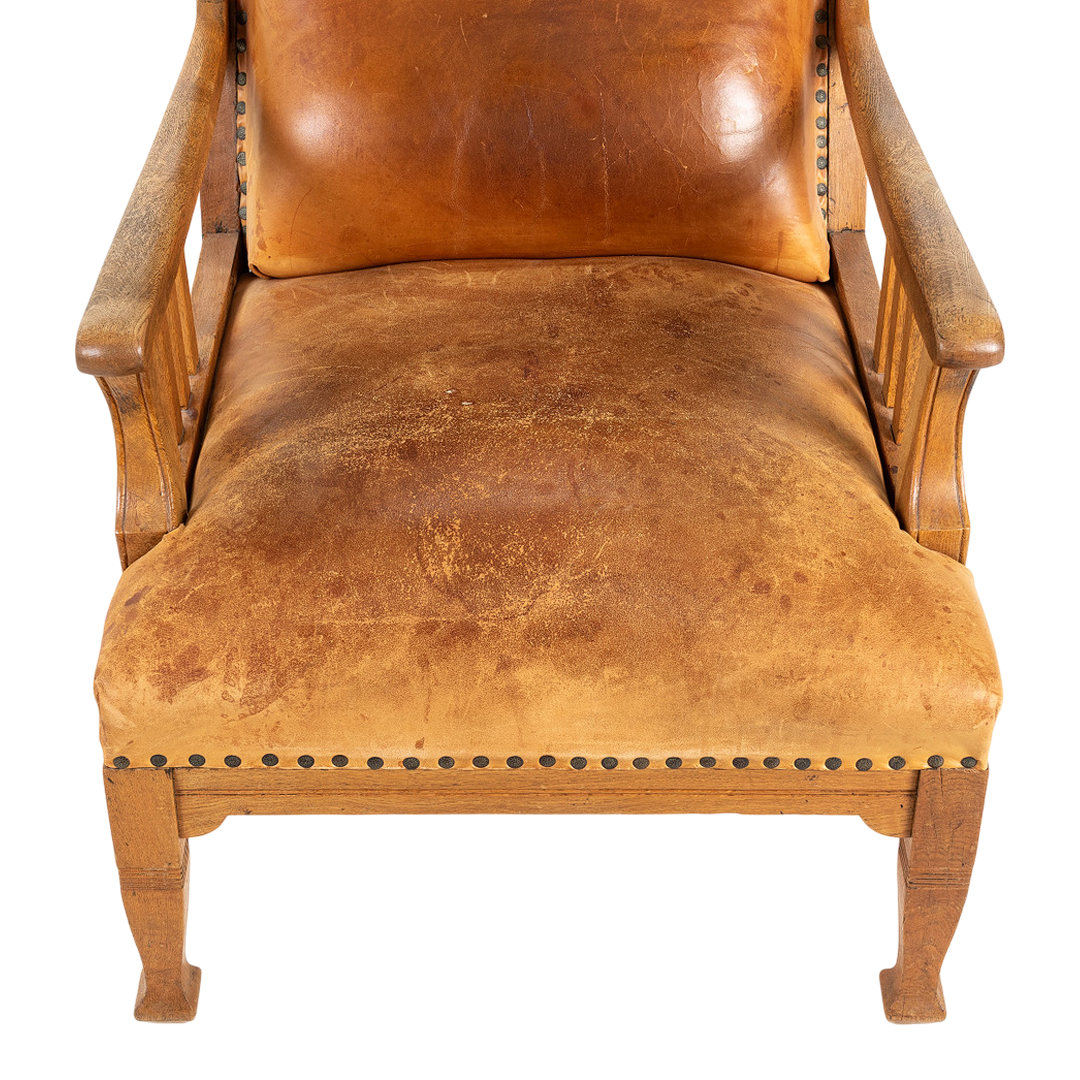 1910 Swedish : Jugendstil Art Nouveau leather & oak armchair