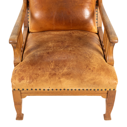 1910 Swedish : Jugendstil Art Nouveau leather & oak armchair