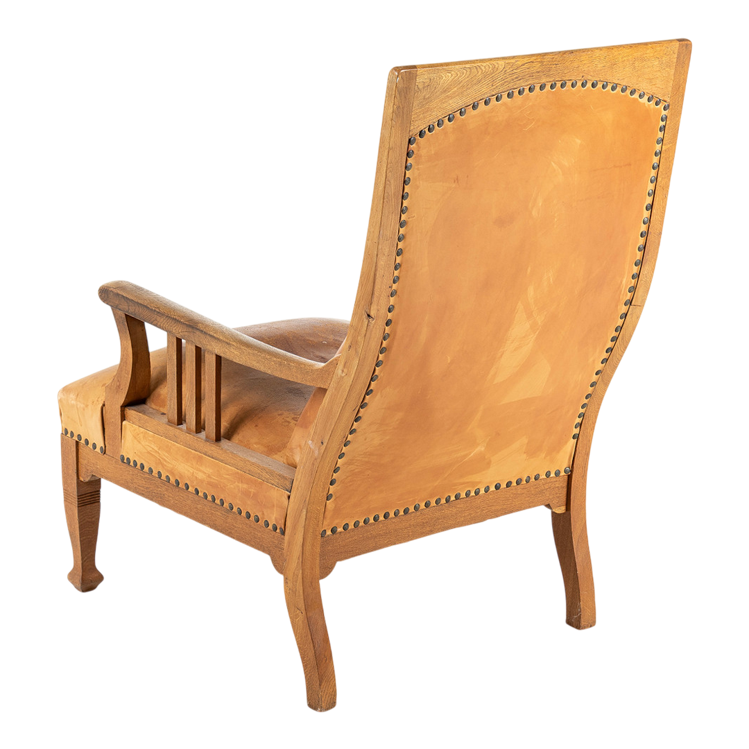 1910 Swedish : Jugendstil Art Nouveau leather & oak armchair