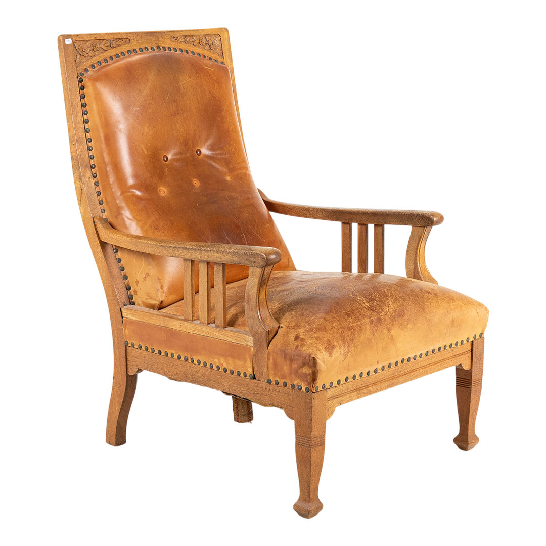 1910 Swedish : Jugendstil Art Nouveau leather & oak armchair