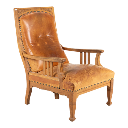 1910 Swedish : Jugendstil Art Nouveau leather & oak armchair