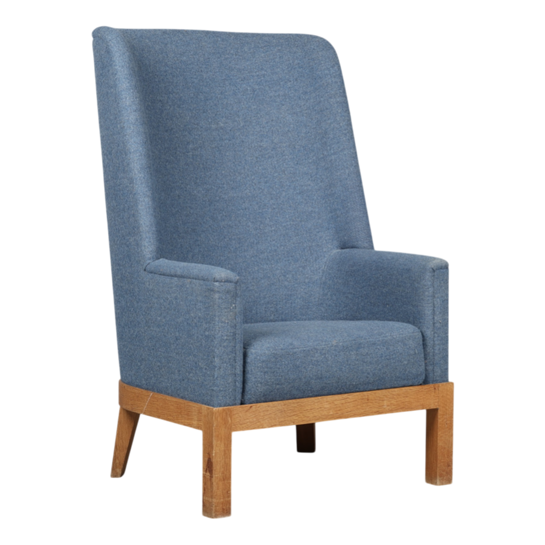 c1940 Danish : 44" tall-back armchair fully upholstered in blue wool