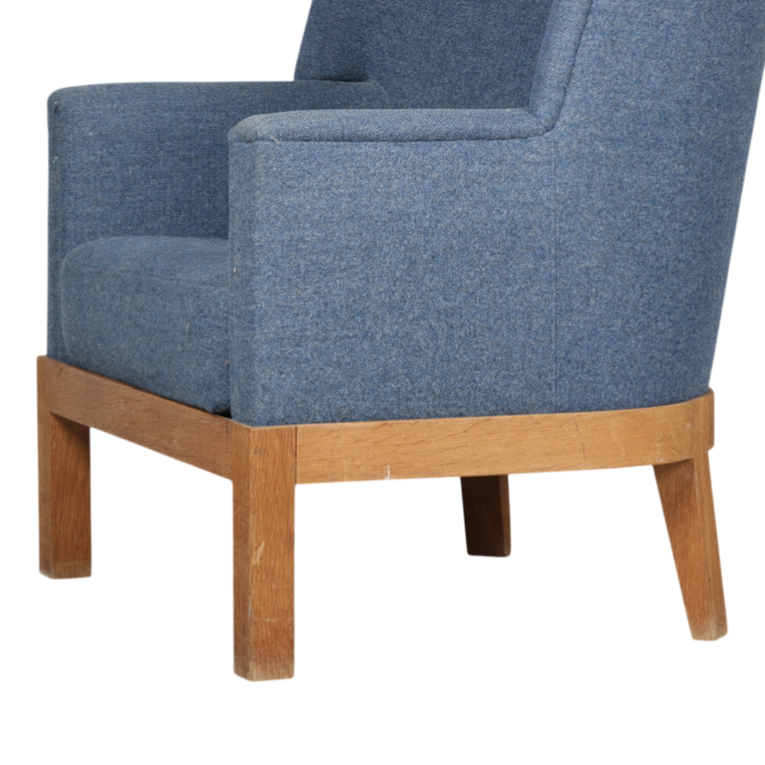 c1940 Danish : 44" tall-back armchair fully upholstered in blue wool