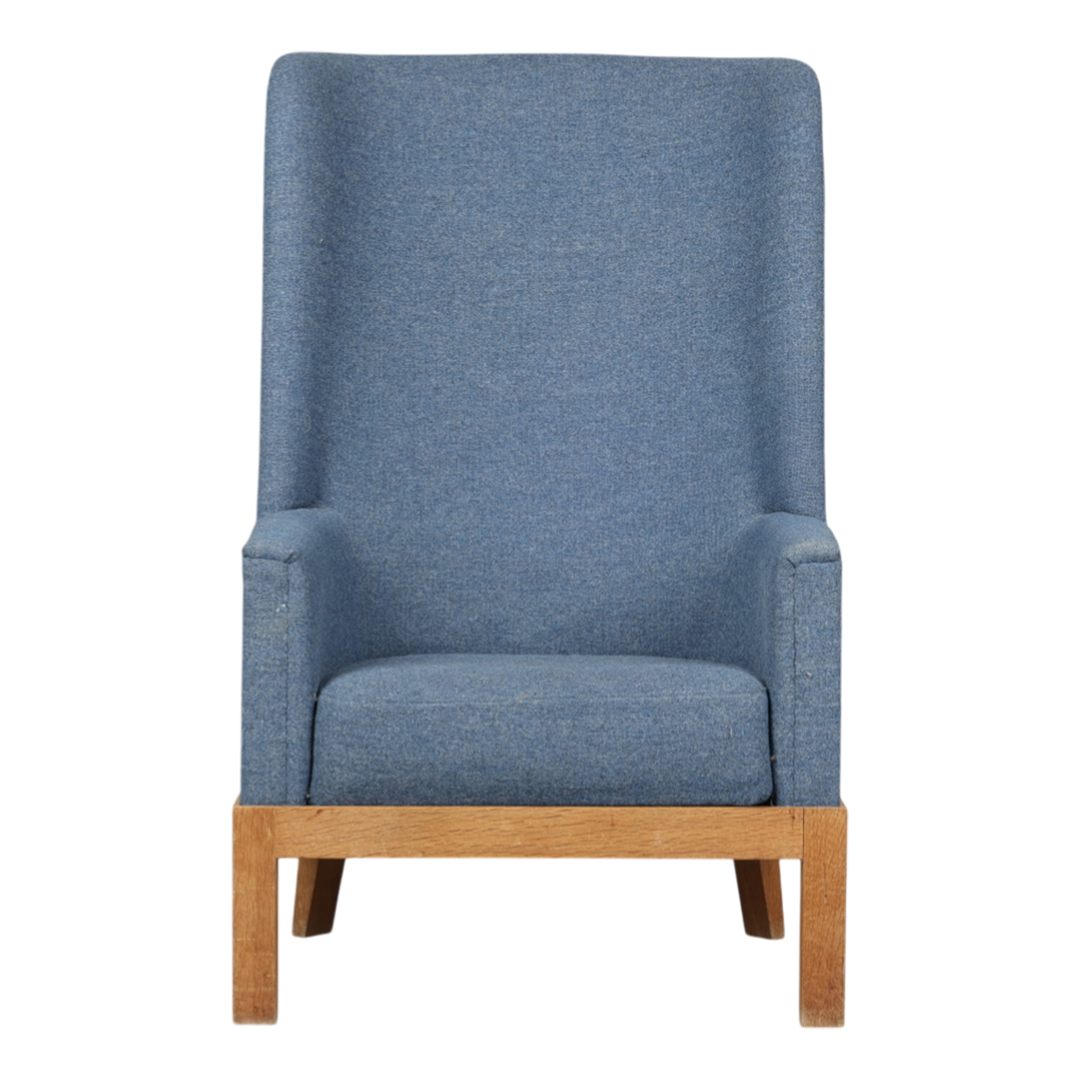 c1940 Danish : 44" tall-back armchair fully upholstered in blue wool