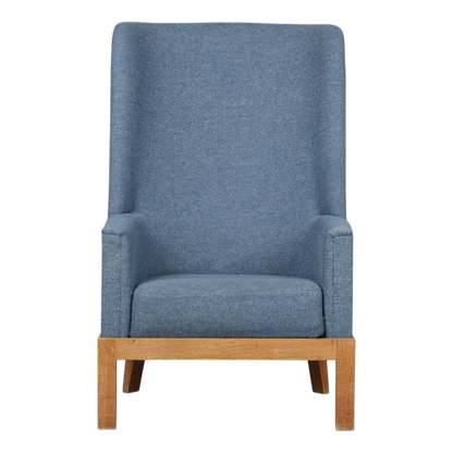 c1940 Danish : 44" tall-back armchair fully upholstered in blue wool