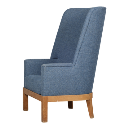 c1940 Danish : 44" tall-back armchair fully upholstered in blue wool