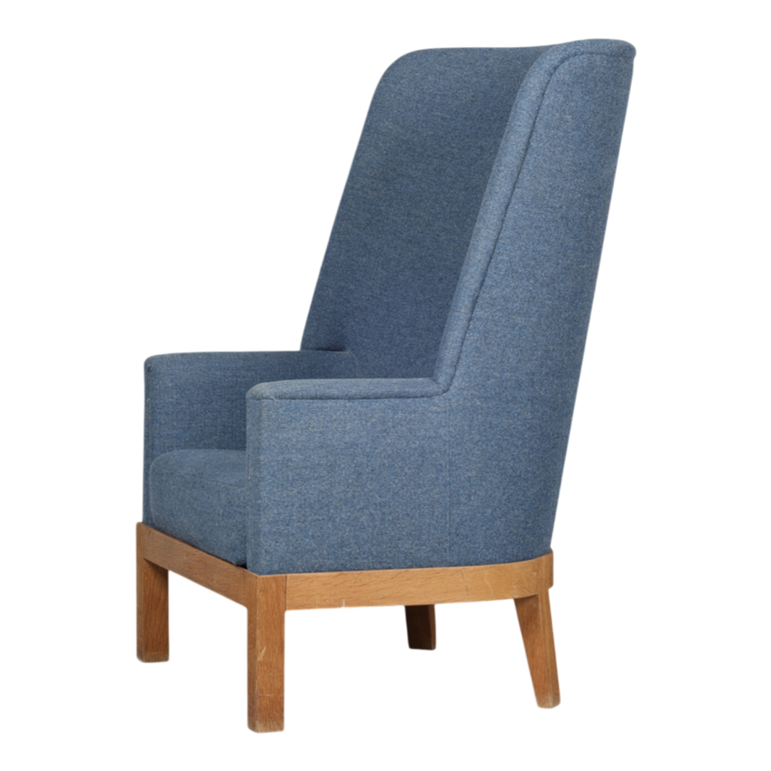 c1940 Danish : 44" tall-back armchair fully upholstered in blue wool