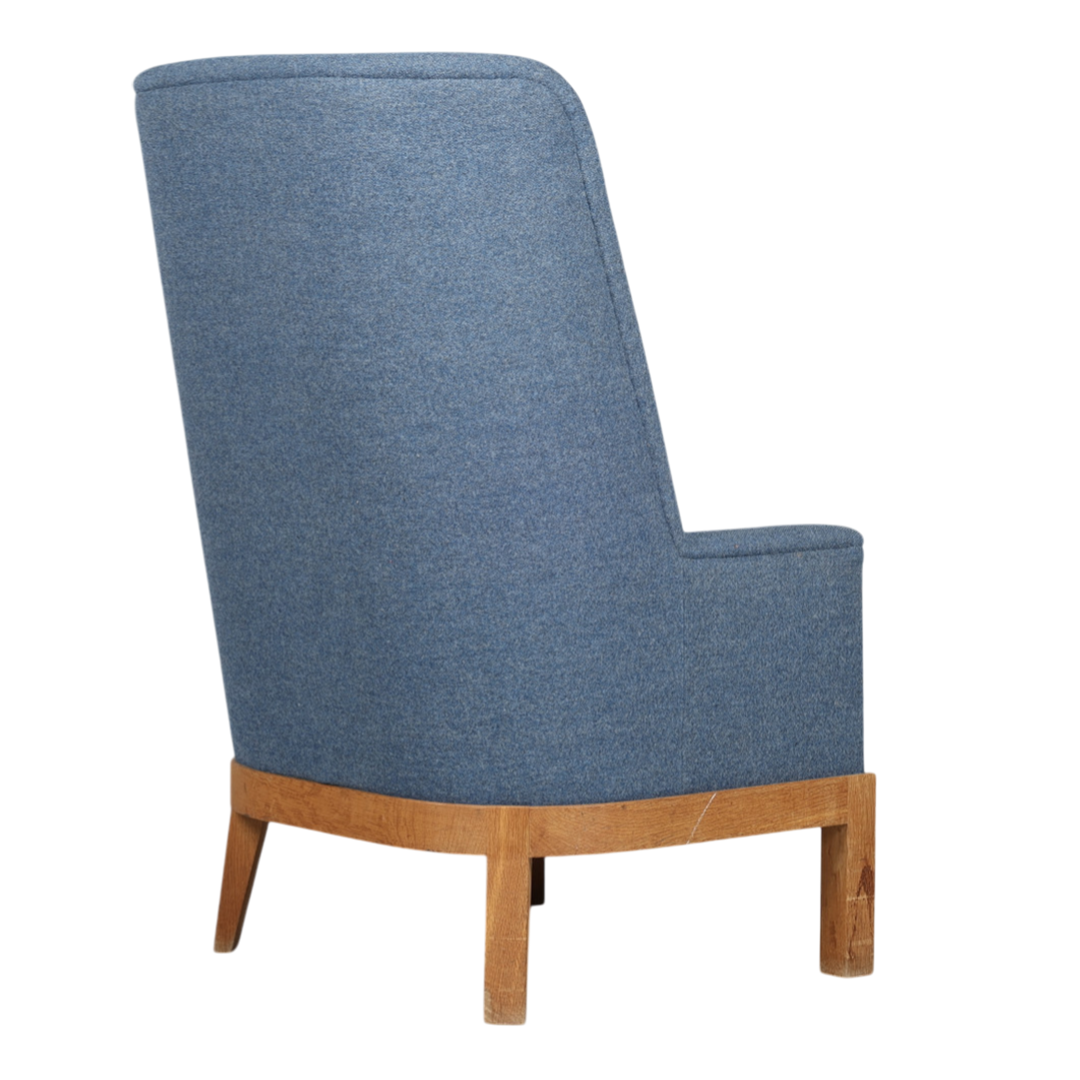 c1940 Danish : 44" tall-back armchair fully upholstered in blue wool