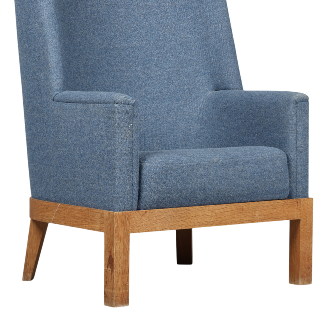 c1940 Danish : 44" tall-back armchair fully upholstered in blue wool