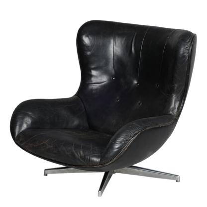 c1960 Illum Wikkelsø : black leather & chrome lounge chair + ottoman