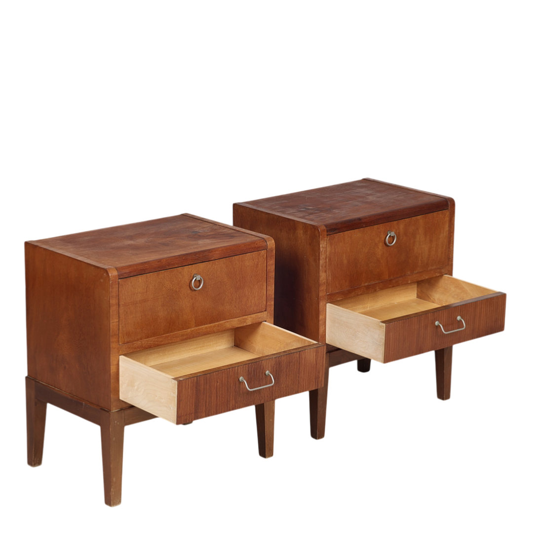 Late 1940s Danish : pair of walnut nightstands w/metal pulls