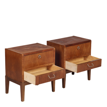 Late 1940s Danish : pair of walnut nightstands w/metal pulls
