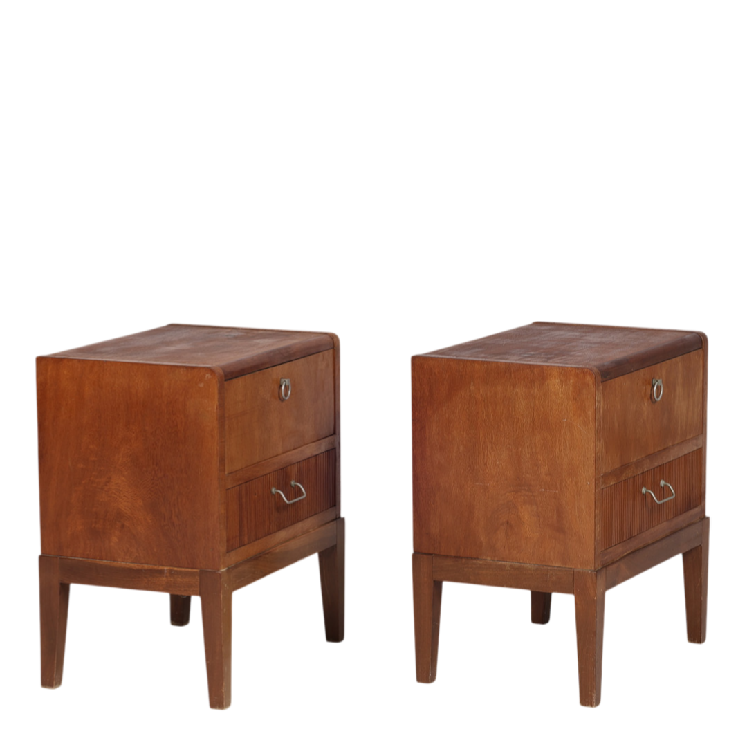 Late 1940s Danish : pair of walnut nightstands w/metal pulls