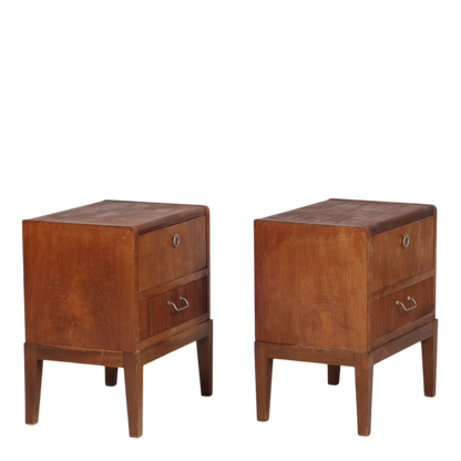 Late 1940s Danish : pair of walnut nightstands w/metal pulls