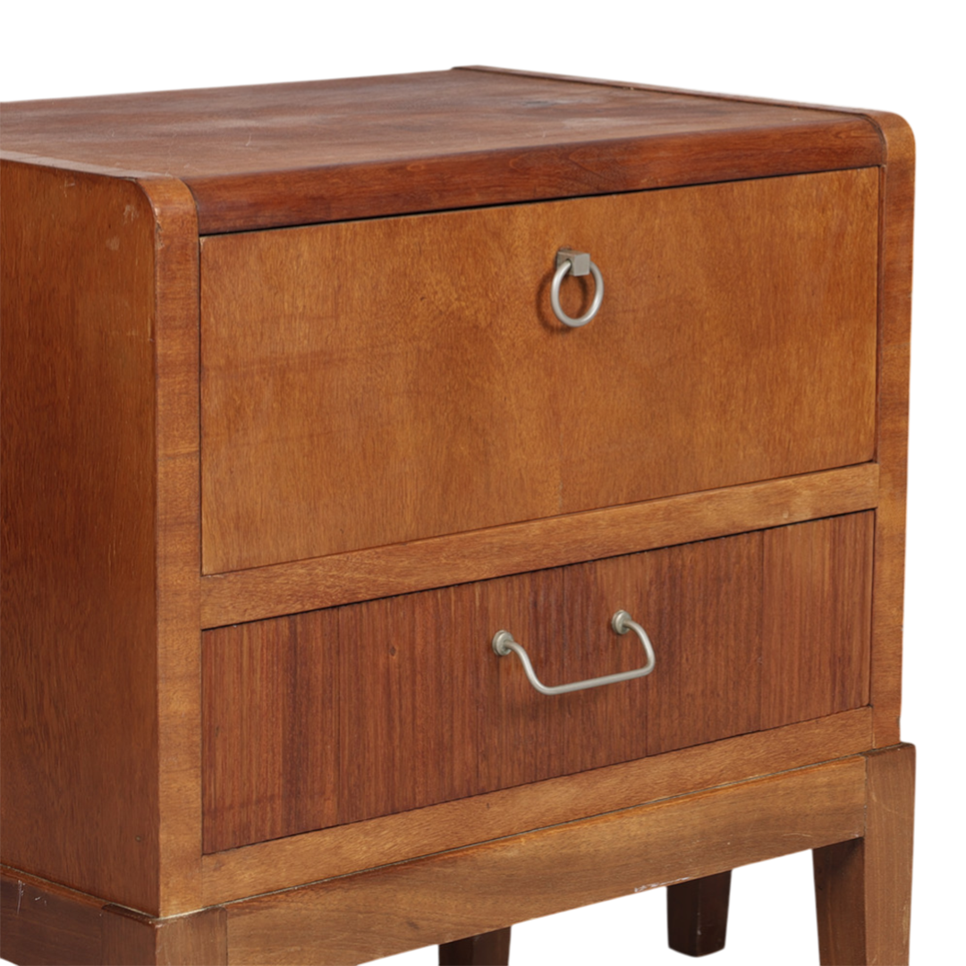 Late 1940s Danish : pair of walnut nightstands w/metal pulls