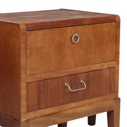 Late 1940s Danish : pair of walnut nightstands w/metal pulls