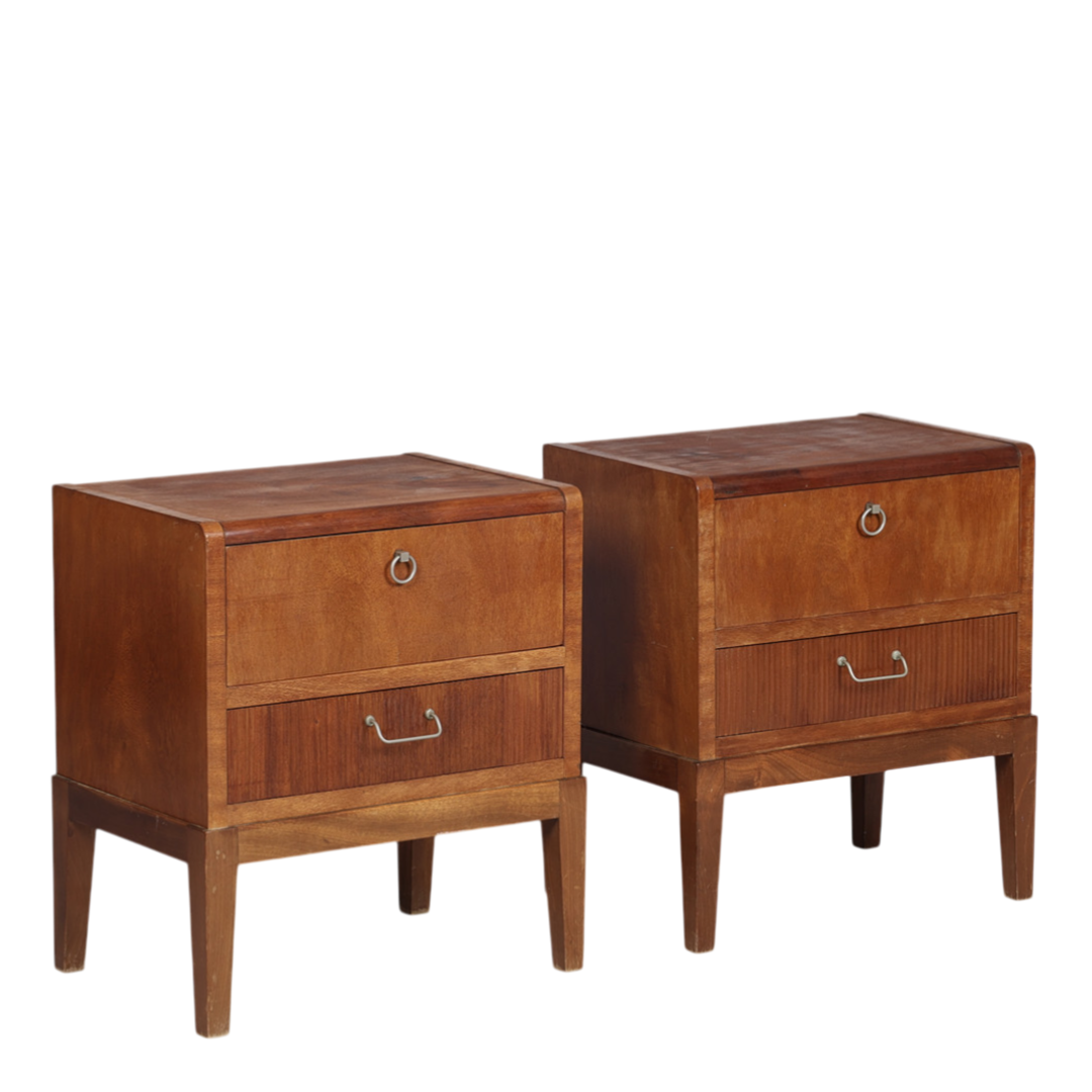 Late 1940s Danish : pair of walnut nightstands w/metal pulls
