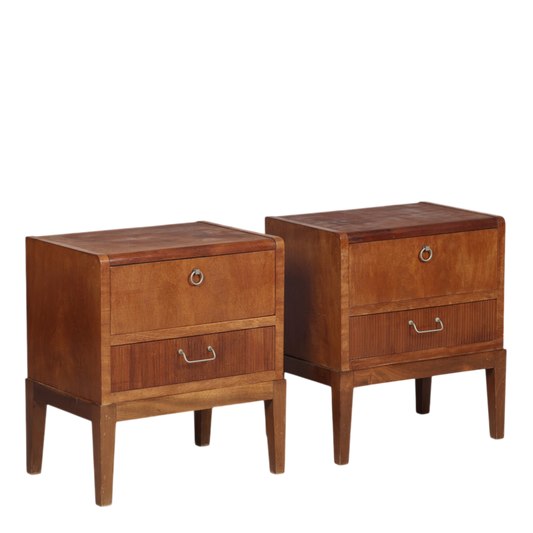 Late 1940s Danish : pair of walnut nightstands w/metal pulls