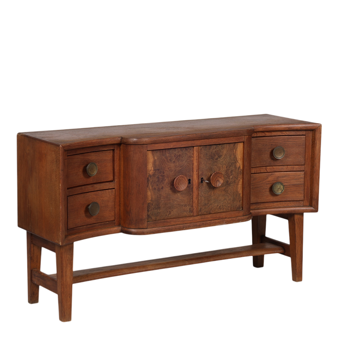 1940s Danish : oakwood 44" sideboard w/burl wood decor