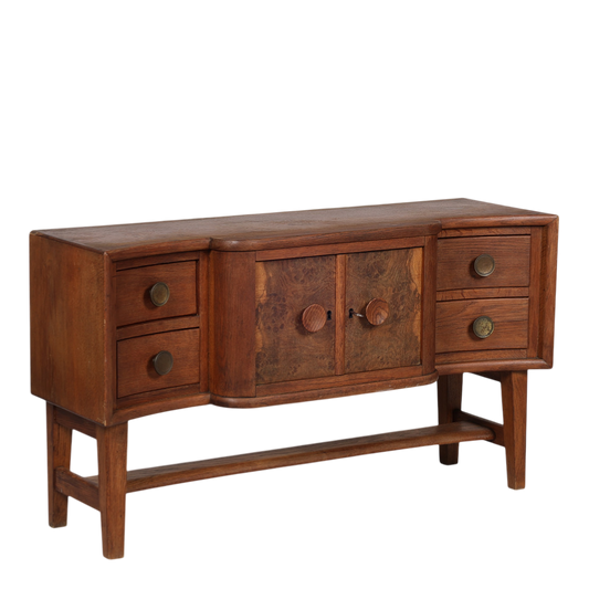 1940s Danish : oakwood 44" sideboard w/burl wood decor