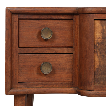 1940s Danish : oakwood 44" sideboard w/burl wood decor