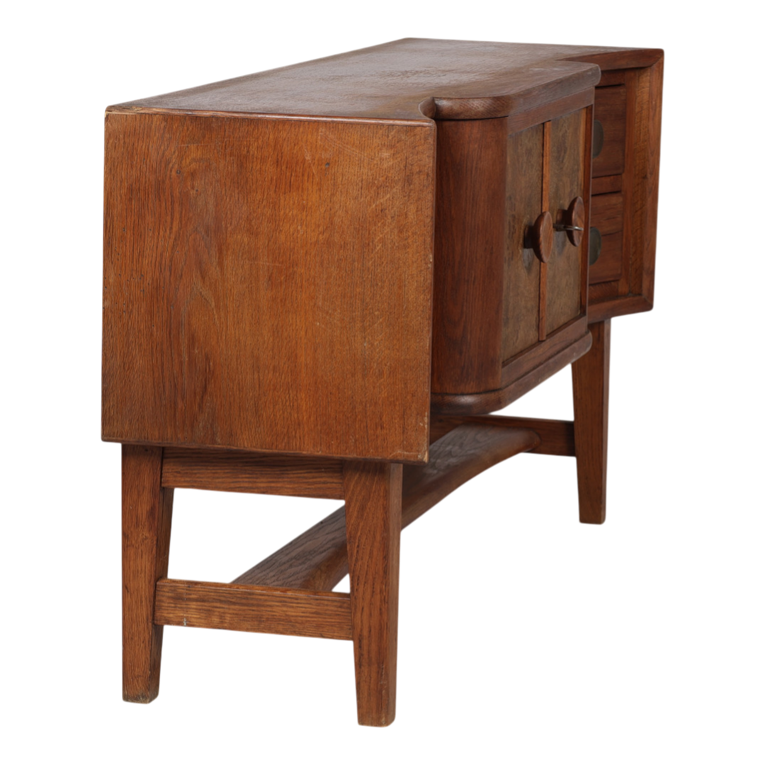 1940s Danish : oakwood 44" sideboard w/burl wood decor