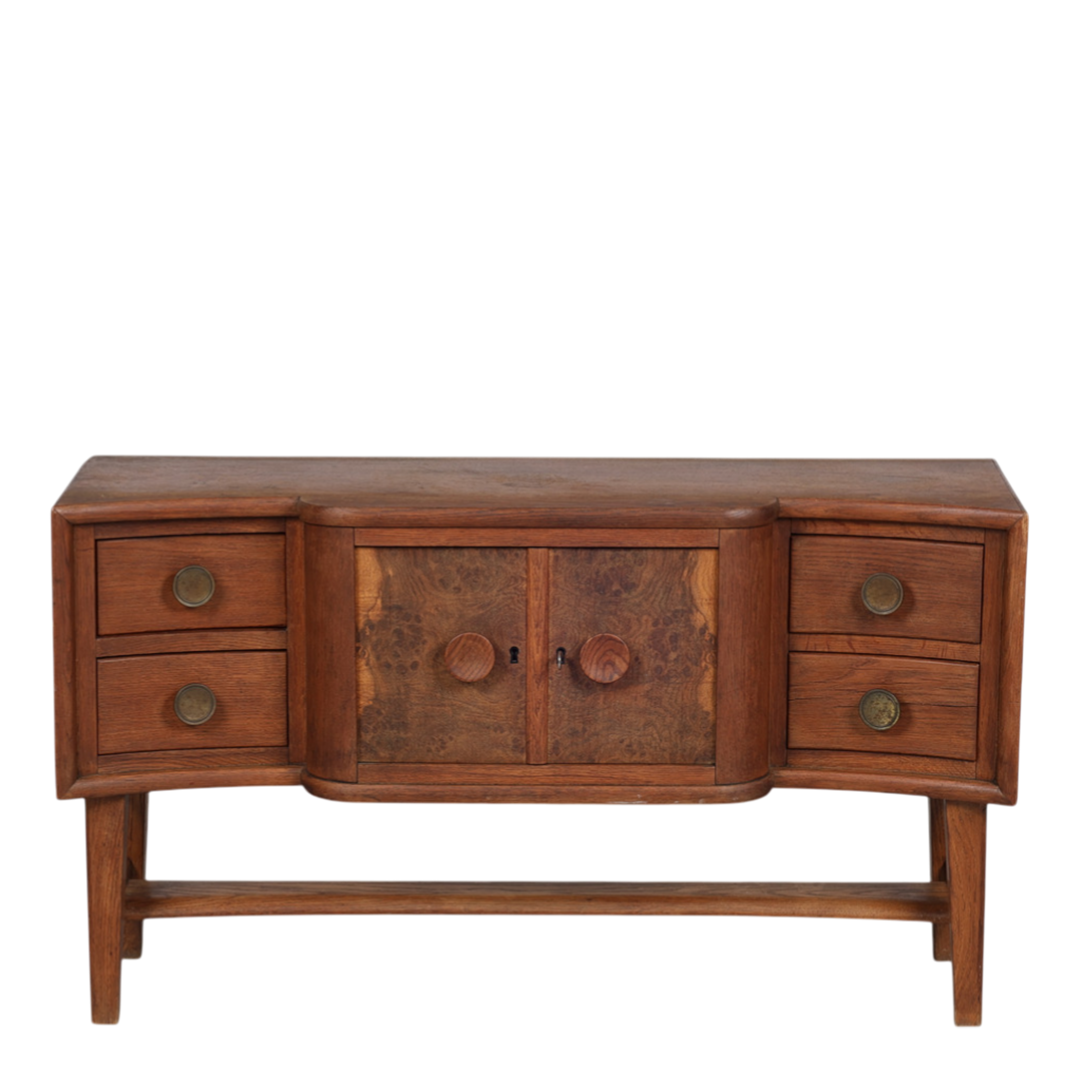 1940s Danish : oakwood 44" sideboard w/burl wood decor