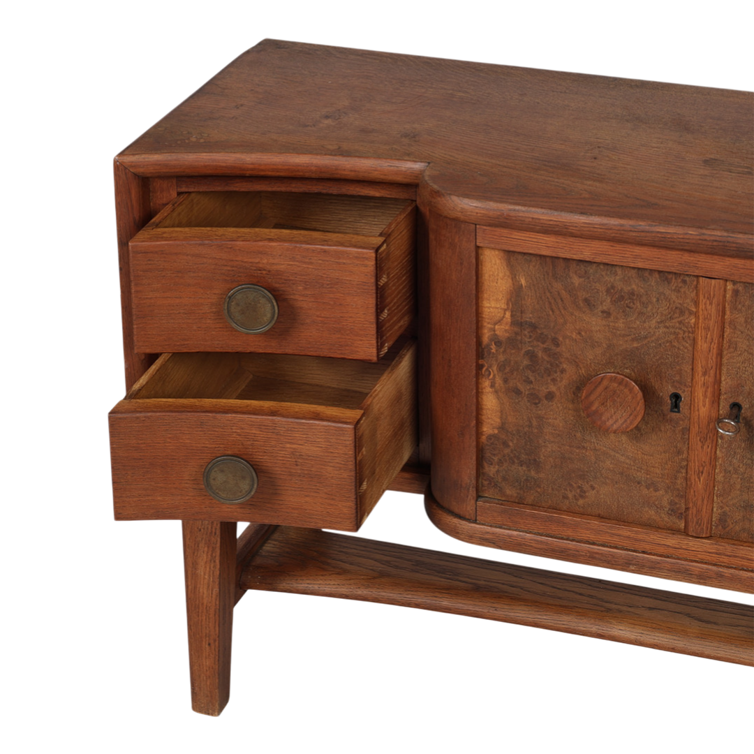 1940s Danish : oakwood 44" sideboard w/burl wood decor