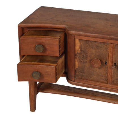 1940s Danish : oakwood 44" sideboard w/burl wood decor
