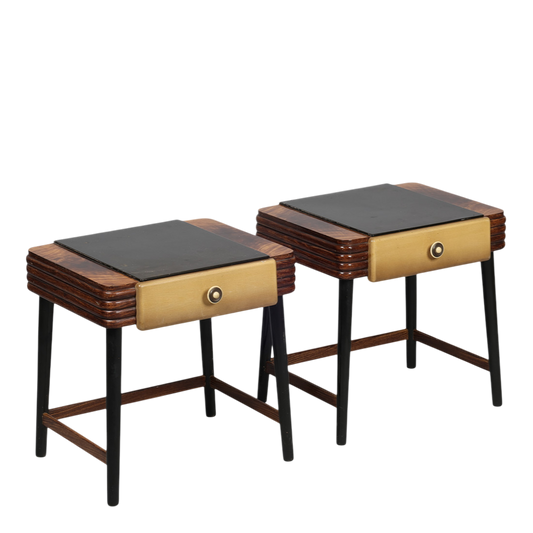 Pair Late 1930s: transitional Art Deco lacquered 20" nightstands